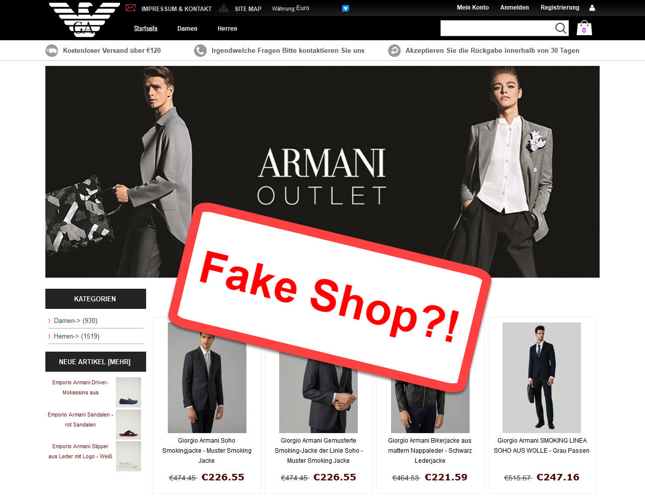Unseriöser Armani Fake-Shop 