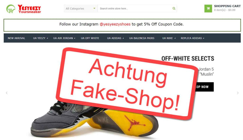 YesYeezy Fake-Shop Screenshot